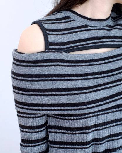 韓國露肩條紋長袖Top