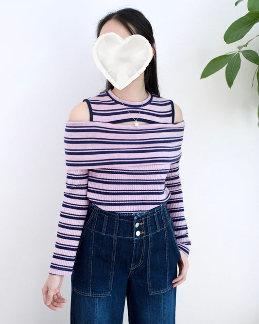韓國露肩條紋長袖Top