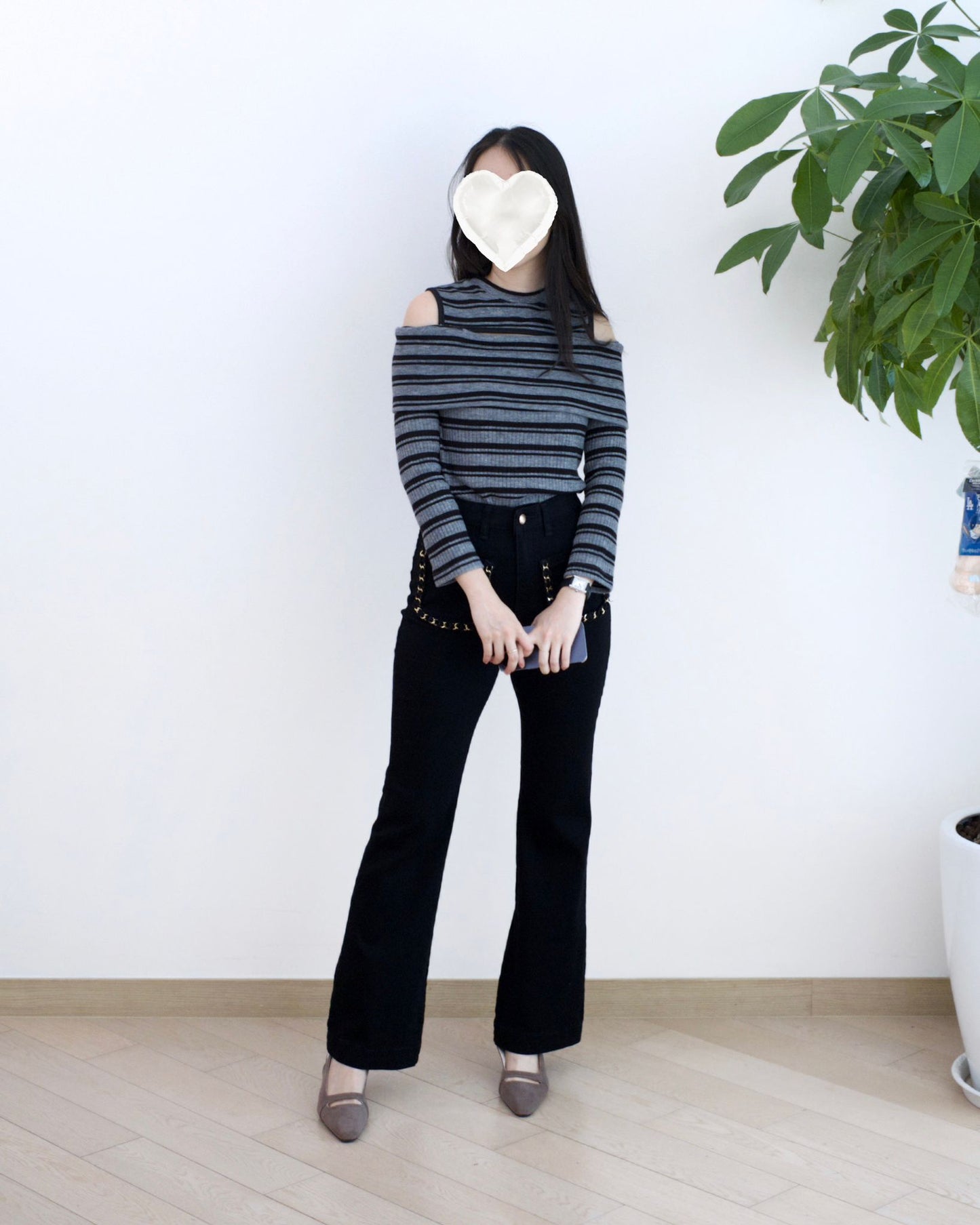 韓國露肩條紋長袖Top