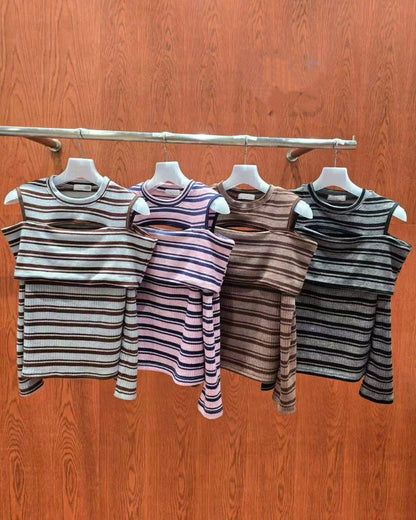 韓國露肩條紋長袖Top