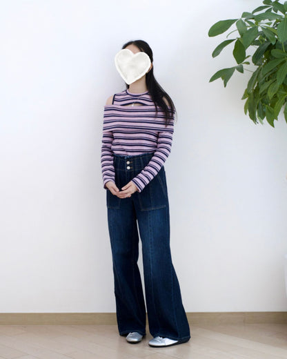 韓國露肩條紋長袖Top