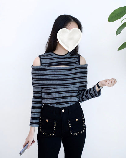 韓國露肩條紋長袖Top